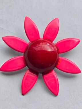 Vintage Mid Century Metal Enamel Flower Brooch Pink w/ Big Red Center